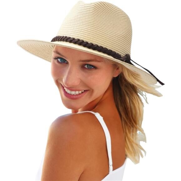 Women's Straw Panama Hat Wide Brim Fedora Summer Sun Hat UPF50+ Beige